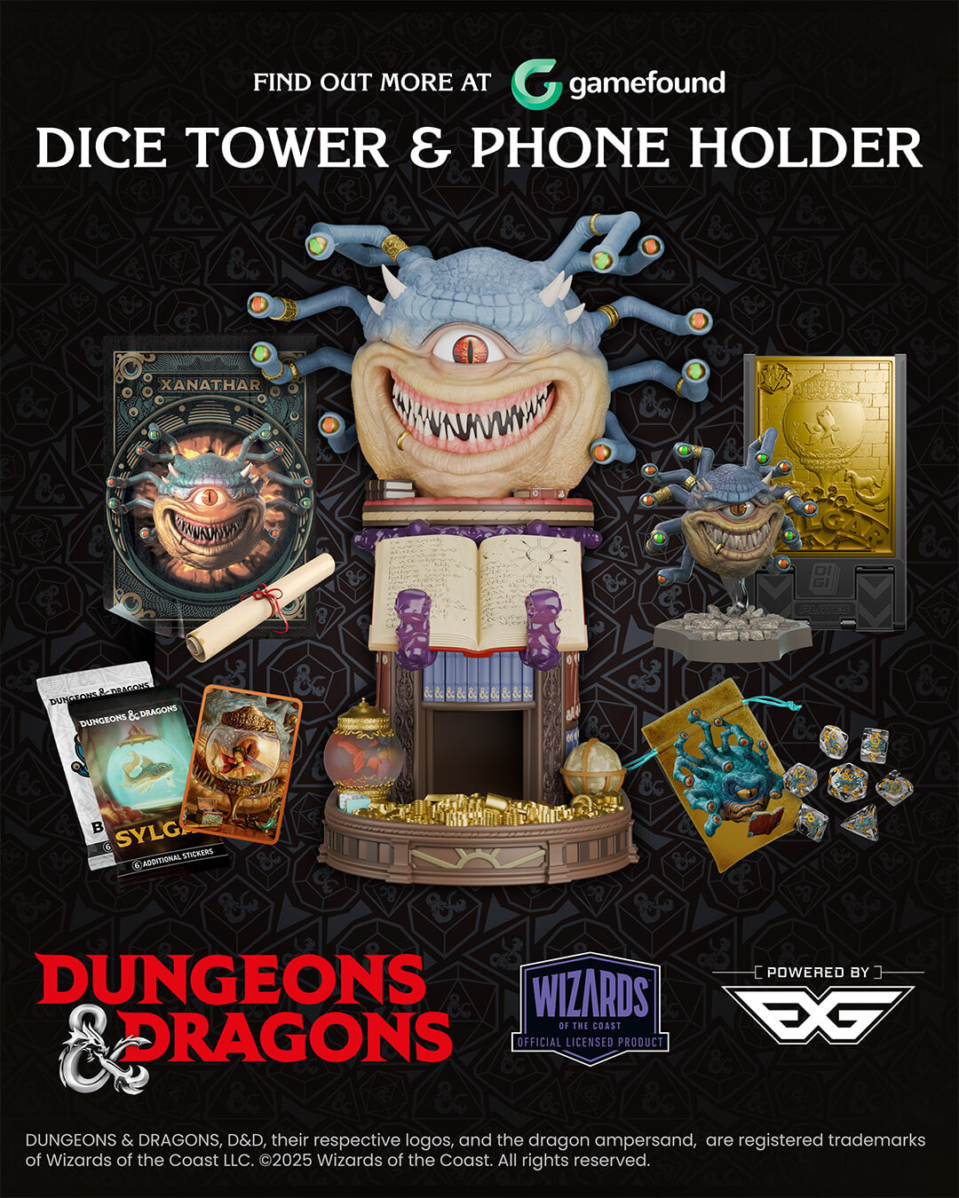 Dungeons & Dragons Xanathar-themed dice tower and phone holder promo from EXG on Gamefound