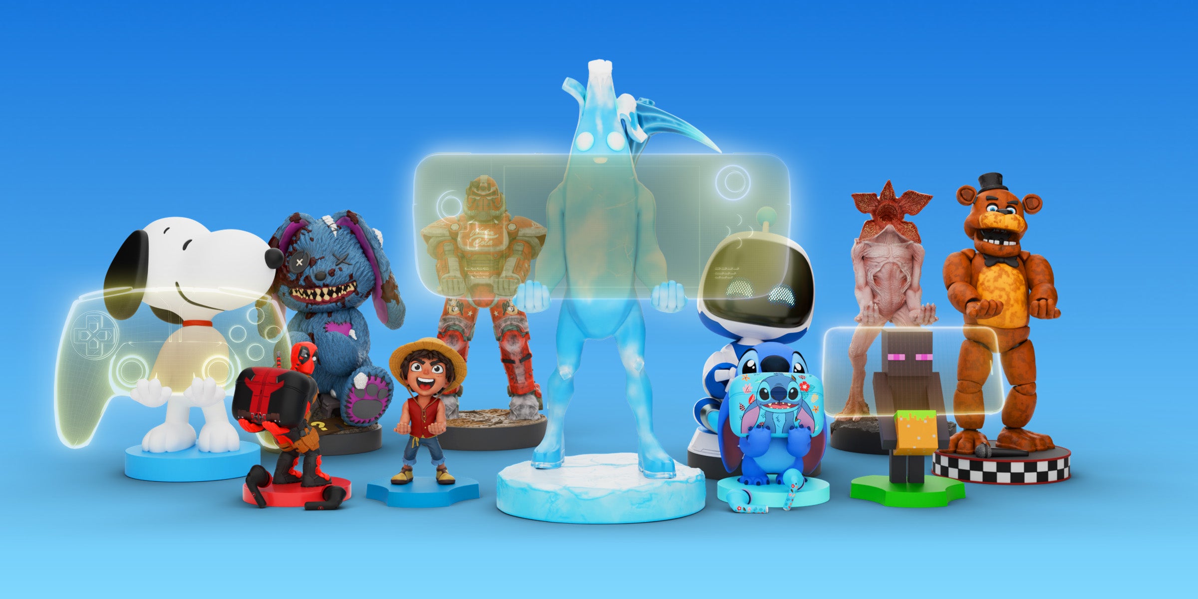 Lineup of collectible figures from popular games and shows displayed against a bright blue background, showcasing a mix of beloved characters and modern gaming icons.