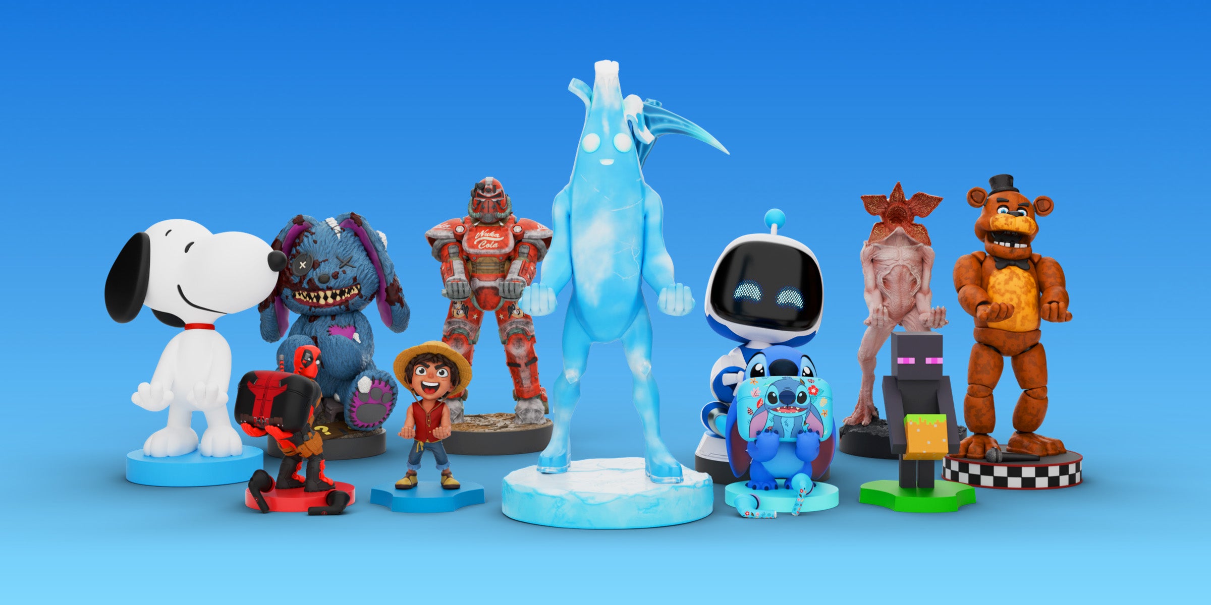 Lineup of collectible character figures from popular games and shows displayed on a blue background, featuring a mix of classic and modern icons showcased together.